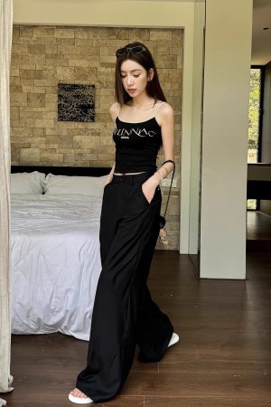 High-Waisted Black Wide-Leg Trousers - Lightweight Versatile Casual Pants for Spring & Summer Fashion