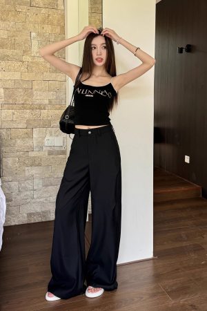 High-Waisted Black Wide-Leg Trousers - Lightweight Versatile Casual Pants for Spring & Summer Fashion