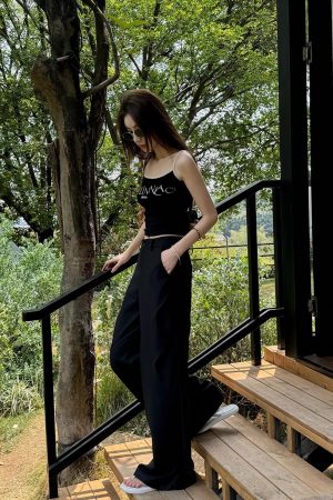 High-Waisted Black Wide-Leg Trousers - Lightweight Versatile Casual Pants for Spring & Summer Fashion