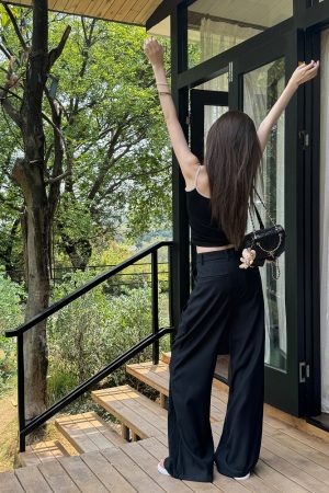 High-Waisted Black Wide-Leg Trousers - Lightweight Versatile Casual Pants for Spring & Summer Fashion