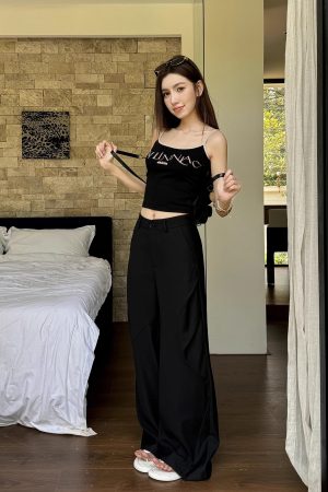 High-Waisted Black Wide-Leg Trousers - Lightweight Versatile Casual Pants for Spring & Summer Fashion