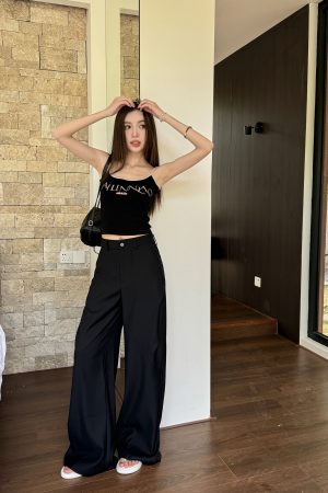 High-Waisted Black Wide-Leg Trousers - Lightweight Versatile Casual Pants for Spring & Summer Fashion