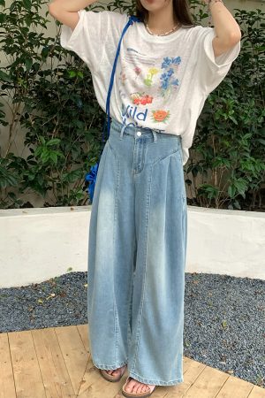 High-Waisted Blue Retro Patchwork Denim Pants for Women - Summer Loose Slim Wide-Leg Style, Vintage Inspired, Y2K Fashion