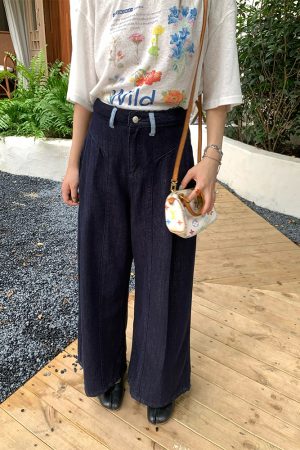 High-Waisted Blue Retro Patchwork Denim Pants for Women - Summer Loose Slim Wide-Leg Style, Vintage Inspired, Y2K Fashion