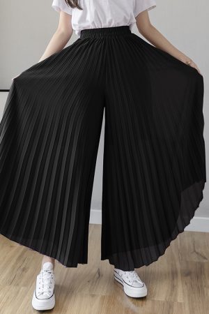 High-Waisted Chiffon Pleated Wide-Leg Culottes for Women, Flowy Draping Three-Quarter Pants, Summer Fashion Essentials