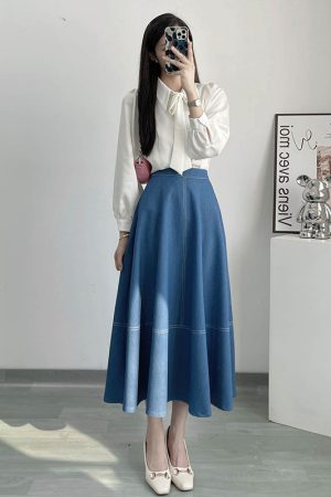 High-Waisted Color-Blocked A-Line Denim Skirt with Zipper - Flattering Flared Design for Spring and Summer 2025