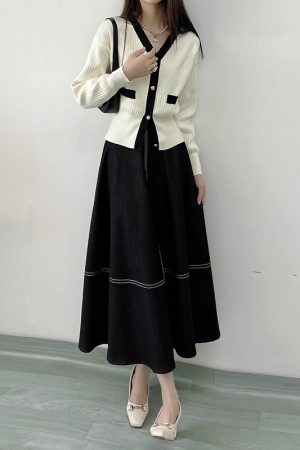 High-Waisted Color-Blocked A-Line Denim Skirt with Zipper - Flattering Flared Design for Spring and Summer 2025