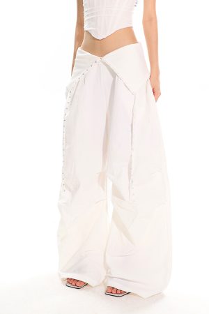 High-Waisted Cuffed Cargo Trousers with Rhinestone Detail - Versatile Pleated Wide-Leg Pants for Y2K and Street Style Fashion