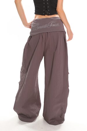 High-Waisted Cuffed Cargo Trousers with Rhinestone Detail - Versatile Pleated Wide-Leg Pants for Y2K and Street Style Fashion