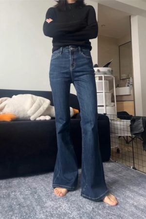 High-Waisted Dark Blue Flared Jeans for Plus Size Petite Women - Slimming Bell-Bottom Pants, 2025 New Style