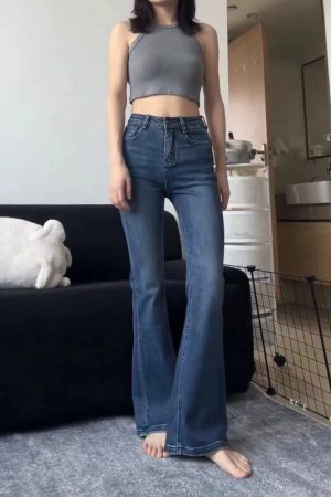 High-Waisted Dark Blue Flared Jeans for Plus Size Petite Women - Slimming Bell-Bottom Pants, 2025 New Style