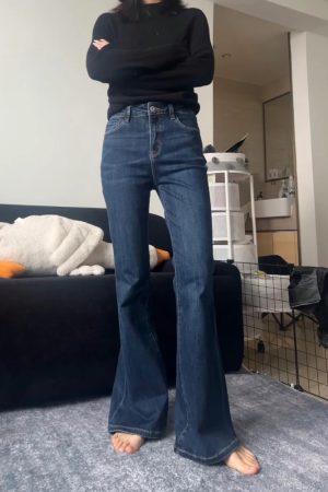 High-Waisted Dark Blue Flared Jeans for Plus Size Petite Women - Slimming Bell-Bottom Pants, 2025 New Style