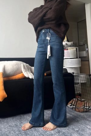 High-Waisted Dark Blue Flared Jeans for Plus Size Petite Women - Slimming Bell-Bottom Pants, 2025 New Style