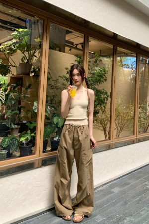 High-Waisted Draped Casual Work Pants for Women - American Style Metal Ring Rivet Design - Summer 2025 Fashion Trends