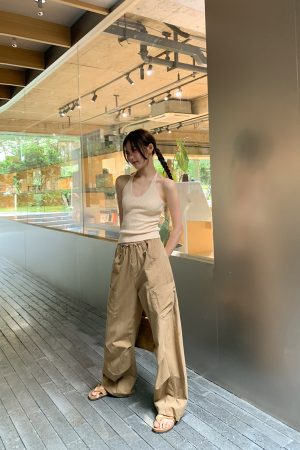 High-Waisted Draped Casual Work Pants for Women - American Style Metal Ring Rivet Design - Summer 2025 Fashion Trends