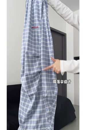 High-Waisted Draped Pleated Checkered Work Pants for Women, Loose Fit Wide-Leg Casual Sports Trousers, American Style