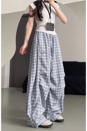 High-Waisted Draped Pleated Checkered Work Pants for Women, Loose Fit Wide-Leg Casual Sports Trousers, American Style