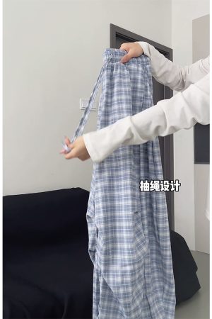 High-Waisted Draped Pleated Checkered Work Pants for Women, Loose Fit Wide-Leg Casual Sports Trousers, American Style