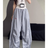 High-Waisted Draped Pleated Checkered Work Pants for Women, Loose Fit Wide-Leg Casual Sports Trousers, American Style