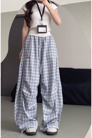 High-Waisted Draped Pleated Checkered Work Pants for Women, Loose Fit Wide-Leg Casual Sports Trousers, American Style