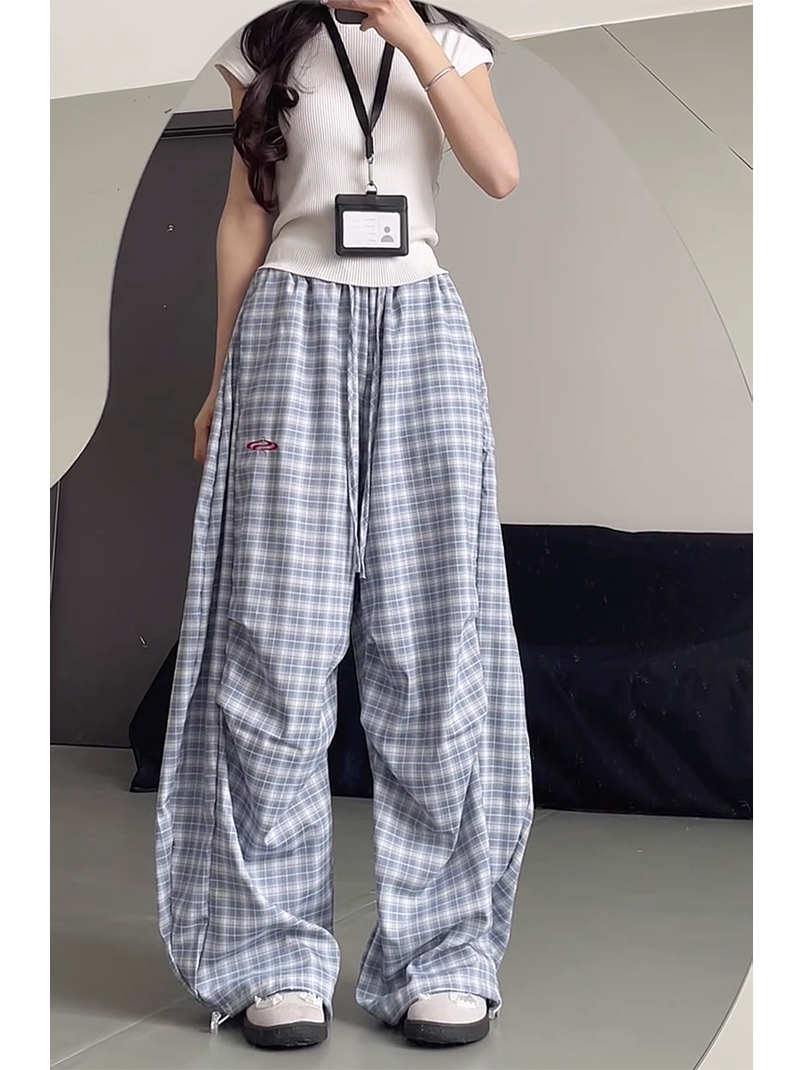 High-Waisted Draped Pleated Checkered Work Pants for Women, Loose Fit Wide-Leg Casual Sports Trousers, American Style High-Waisted Draped Pleated Checkered Work Pants for Women, Loose Fit Wide-Leg Casual Sports Trousers, American Style