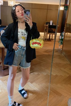 High-Waisted Gold Studded Denim Shorts for Women - Plus Size A-Line Slimming Summer 2025 Fashion for Curvy Girls