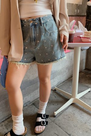 High-Waisted Gold Studded Denim Shorts for Women - Plus Size A-Line Slimming Summer 2025 Fashion for Curvy Girls