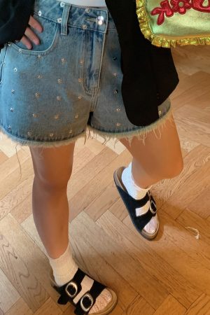 High-Waisted Gold Studded Denim Shorts for Women - Plus Size A-Line Slimming Summer 2025 Fashion for Curvy Girls