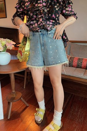 High-Waisted Gold Studded Denim Shorts for Women - Plus Size A-Line Slimming Summer 2025 Fashion for Curvy Girls
