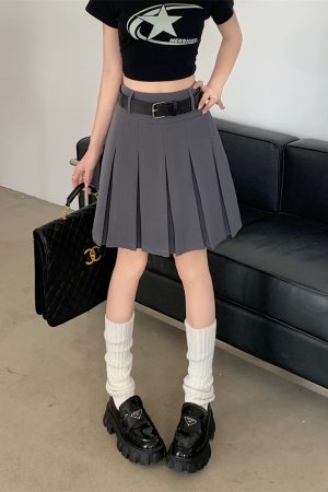 High-Waisted Gray Pleated Midi Skirt for Women, Plus Size, Korean Style College Fashion, Japanese Design Workwear Skirt