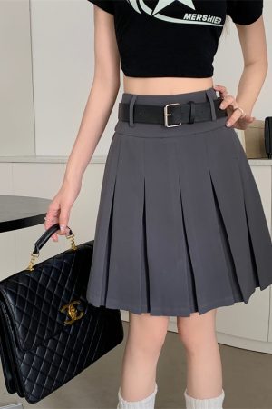 High-Waisted Gray Pleated Midi Skirt for Women, Plus Size, Korean Style College Fashion, Japanese Design Workwear Skirt