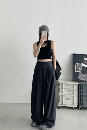 High-Waisted Gray Wide-Leg Suit Pants for Women - Casual Summer Loose Fit Floor-Length Trousers