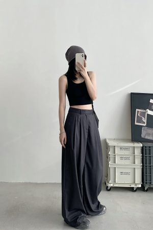 High-Waisted Gray Wide-Leg Suit Pants for Women - Casual Summer Loose Fit Floor-Length Trousers