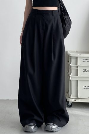 High-Waisted Gray Wide-Leg Suit Pants for Women - Casual Summer Loose Fit Floor-Length Trousers