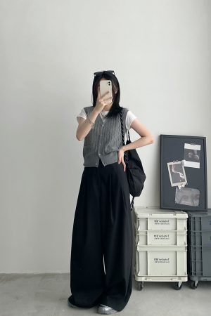 High-Waisted Gray Wide-Leg Suit Pants for Women - Casual Summer Loose Fit Floor-Length Trousers