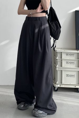 High-Waisted Gray Wide-Leg Suit Pants for Women - Casual Summer Loose Fit Floor-Length Trousers