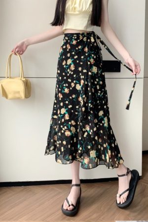 High-Waisted Irregular Floral Chiffon Skirt and Fishtail Long Dress for Travel, Beach, and Sun Protection