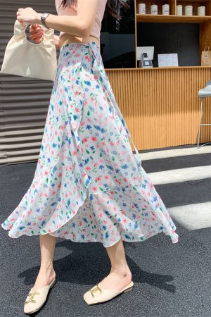 High-Waisted Irregular Floral Chiffon Skirt and Fishtail Long Dress for Travel, Beach, and Sun Protection