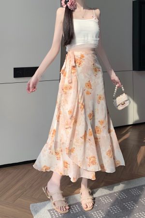 High-Waisted Irregular Floral Chiffon Skirt and Fishtail Long Dress for Travel, Beach, and Sun Protection