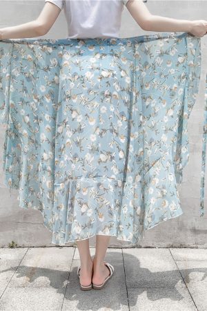 High-Waisted Irregular Floral Chiffon Skirt and Fishtail Long Dress for Travel, Beach, and Sun Protection