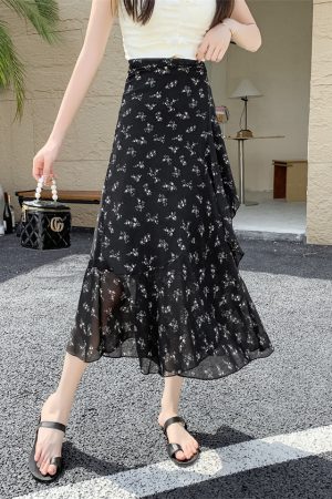 High-Waisted Irregular Floral Chiffon Skirt and Fishtail Long Dress for Travel, Beach, and Sun Protection