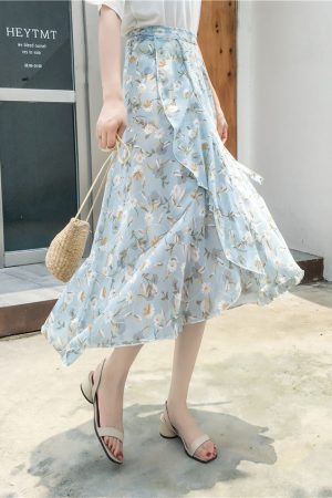 High-Waisted Irregular Floral Chiffon Skirt and Fishtail Long Dress for Travel, Beach, and Sun Protection