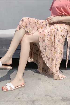 High-Waisted Irregular Floral Chiffon Skirt and Fishtail Long Dress for Travel, Beach, and Sun Protection