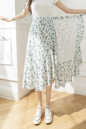 High-Waisted Irregular Floral Chiffon Skirt and Fishtail Long Dress for Travel, Beach, and Sun Protection