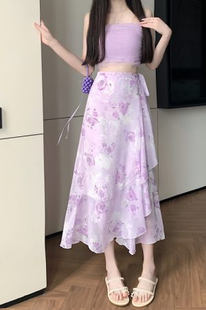 High-Waisted Irregular Floral Chiffon Skirt and Fishtail Long Dress for Travel, Beach, and Sun Protection