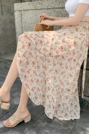 High-Waisted Irregular Floral Chiffon Skirt and Fishtail Long Dress for Travel, Beach, and Sun Protection