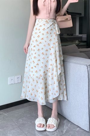 High-Waisted Irregular Floral Chiffon Skirt and Fishtail Long Dress for Travel, Beach, and Sun Protection