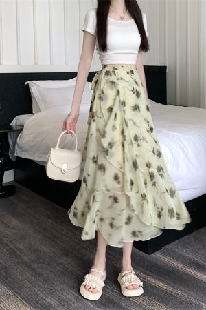 High-Waisted Irregular Floral Chiffon Skirt and Fishtail Long Dress for Travel, Beach, and Sun Protection