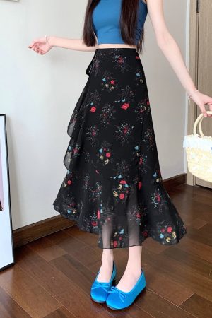 High-Waisted Irregular Floral Chiffon Skirt and Fishtail Long Dress for Travel, Beach, and Sun Protection