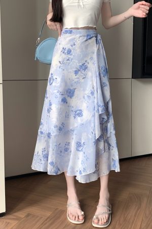 High-Waisted Irregular Floral Chiffon Skirt and Fishtail Long Dress for Travel, Beach, and Sun Protection